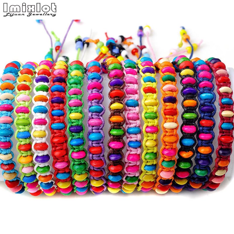 10pcs/lot Colorful Wood Beads Weave Rope String Children Girl Friendship Bracelets Handmade Charm Strand Bangle Beach Jewelry