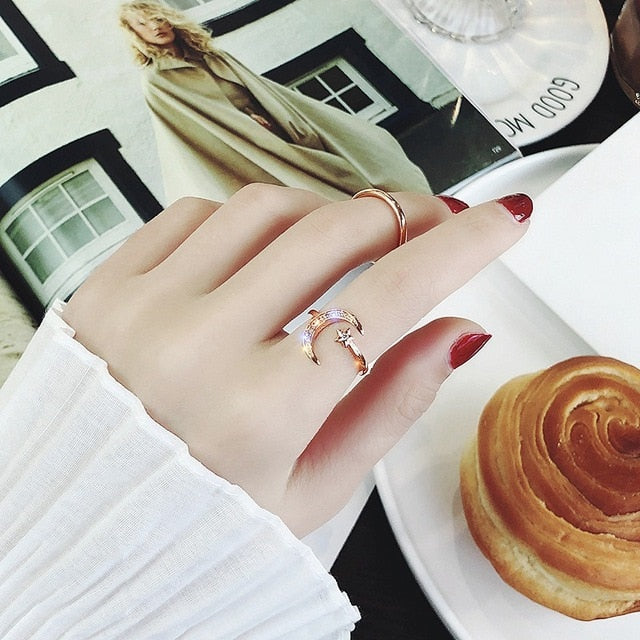 MENGJIQIAO 2019 Korean New Delicate Shiny Zircon Moon Star Open Adjustable Rings For Women Micro Pave Femme Finger Ring 2pcs/set