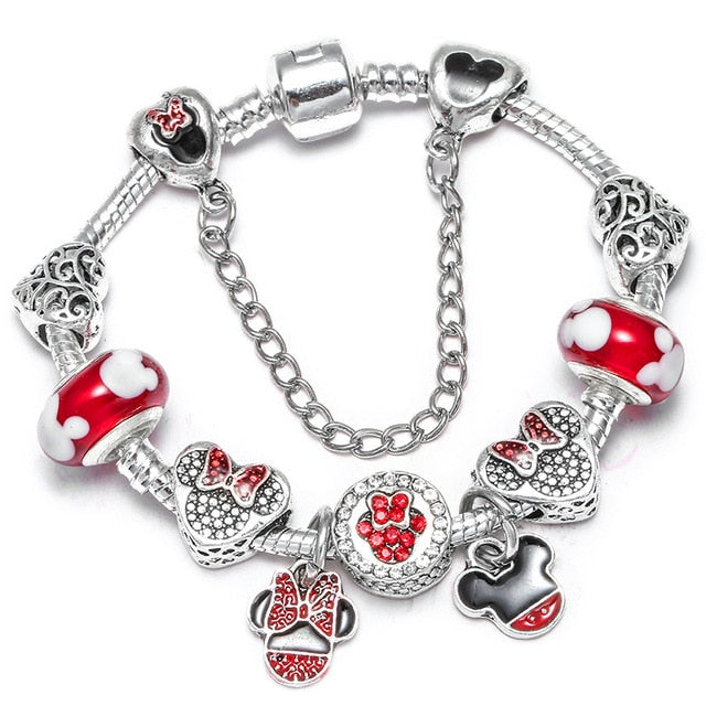 TOGORY Dropshipping Pink Lovely Mickey Pendant Beads Charm Bracelets For Women Cartoon Minnie Fine Bracelets Children Girls
