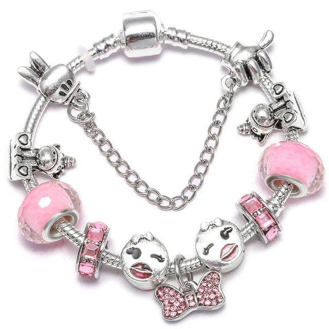 TOGORY Dropshipping Pink Lovely Mickey Pendant Beads Charm Bracelets For Women Cartoon Minnie Fine Bracelets Children Girls