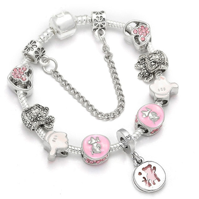 TOGORY Dropshipping Pink Lovely Mickey Pendant Beads Charm Bracelets For Women Cartoon Minnie Fine Bracelets Children Girls