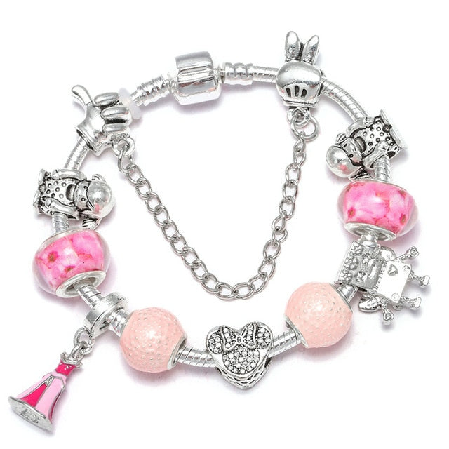 TOGORY Dropshipping Pink Lovely Mickey Pendant Beads Charm Bracelets For Women Cartoon Minnie Fine Bracelets Children Girls