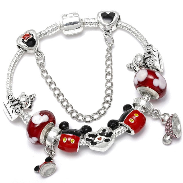 TOGORY Dropshipping Pink Lovely Mickey Pendant Beads Charm Bracelets For Women Cartoon Minnie Fine Bracelets Children Girls