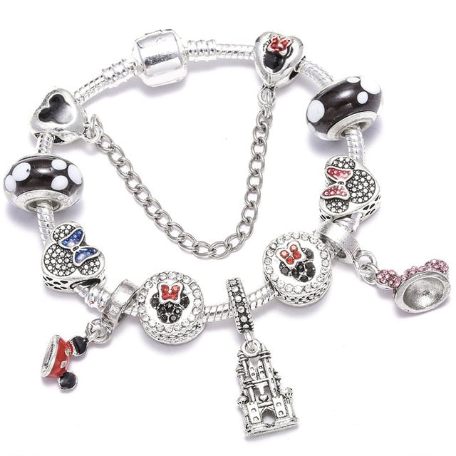 TOGORY Dropshipping Pink Lovely Mickey Pendant Beads Charm Bracelets For Women Cartoon Minnie Fine Bracelets Children Girls