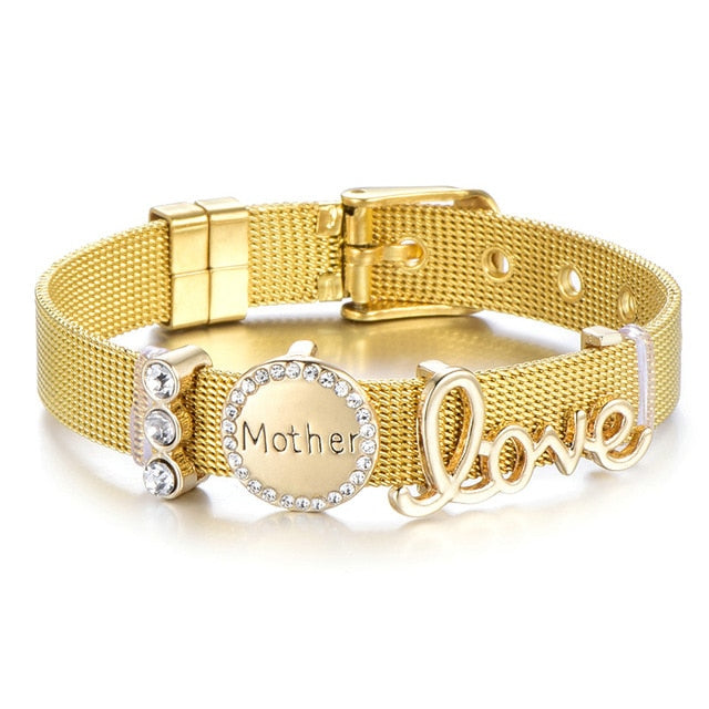 High Quality Stainless Steel Mesh Bracelet Set Love Mother Crystal Charm Brand Bracelet for Woman Wife Mother's Day gift