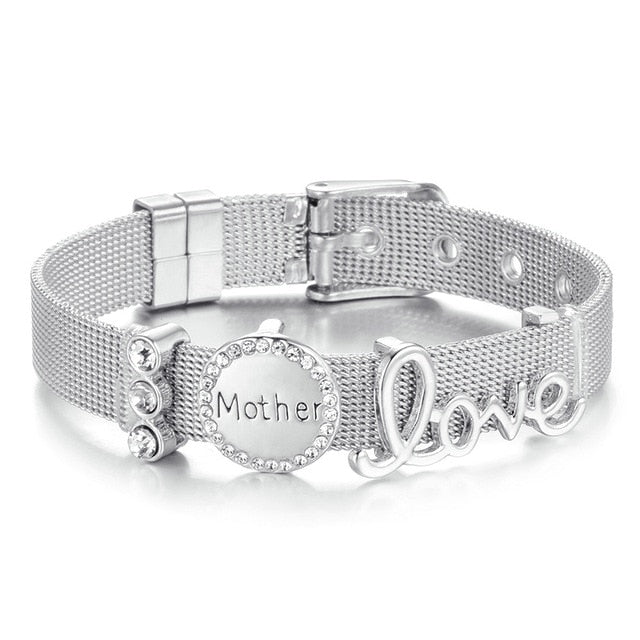 High Quality Stainless Steel Mesh Bracelet Set Love Mother Crystal Charm Brand Bracelet for Woman Wife Mother's Day gift