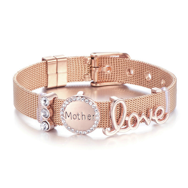 High Quality Stainless Steel Mesh Bracelet Set Love Mother Crystal Charm Brand Bracelet for Woman Wife Mother's Day gift