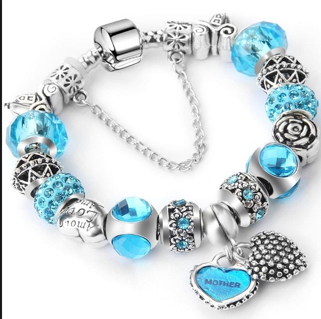 2018 new 1pcs Blue Amulets Bracelet (Mother son) High Quality Glass Beads Flower Pendant Bracelets For Women Jewelry