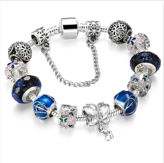 2018 new 1pcs Blue Amulets Bracelet (Mother son) High Quality Glass Beads Flower Pendant Bracelets For Women Jewelry