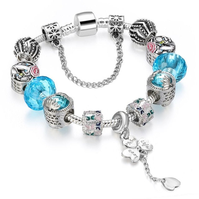 2018 new 1pcs Blue Amulets Bracelet (Mother son) High Quality Glass Beads Flower Pendant Bracelets For Women Jewelry