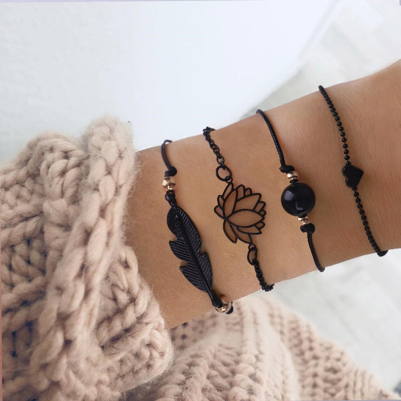 Black Lotus flower Heart Leaf Bracelets set For Women Charm Chain hand Jewelry Girl Gift DropShipping