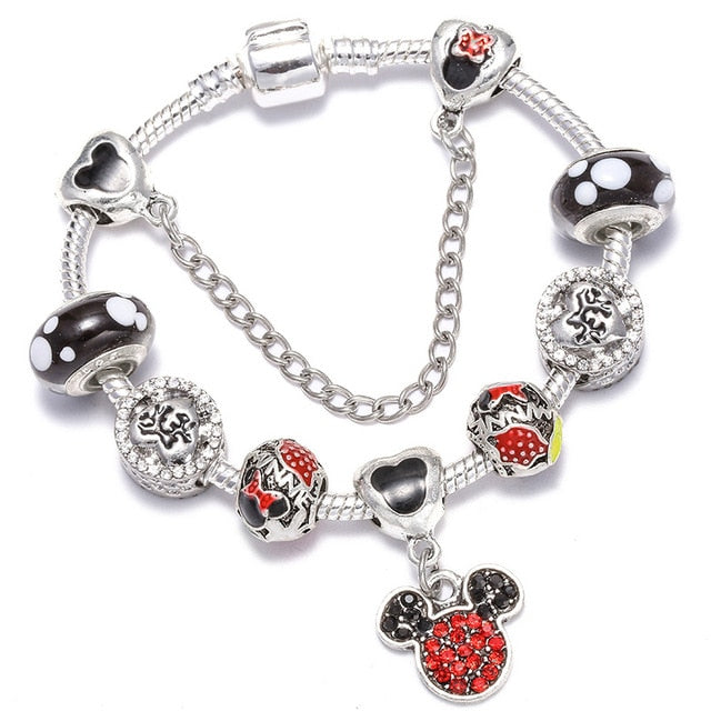 TOGORY Dropshipping Pink Lovely Mickey Pendant Beads Charm Bracelets For Women Cartoon Minnie Fine Bracelets Children Girls