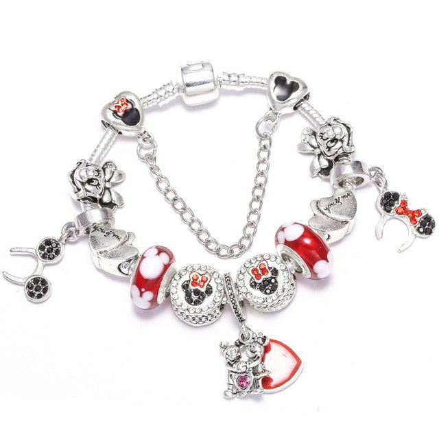 TOGORY Dropshipping Pink Lovely Mickey Pendant Beads Charm Bracelets For Women Cartoon Minnie Fine Bracelets Children Girls