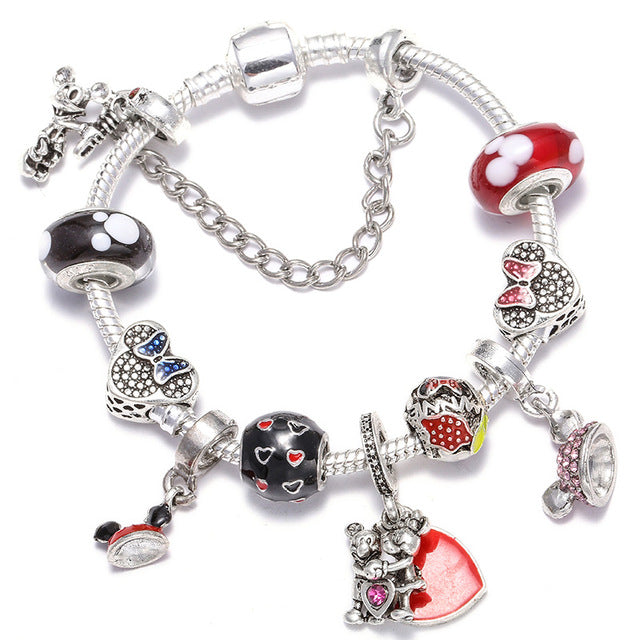 TOGORY Dropshipping Pink Lovely Mickey Pendant Beads Charm Bracelets For Women Cartoon Minnie Fine Bracelets Children Girls