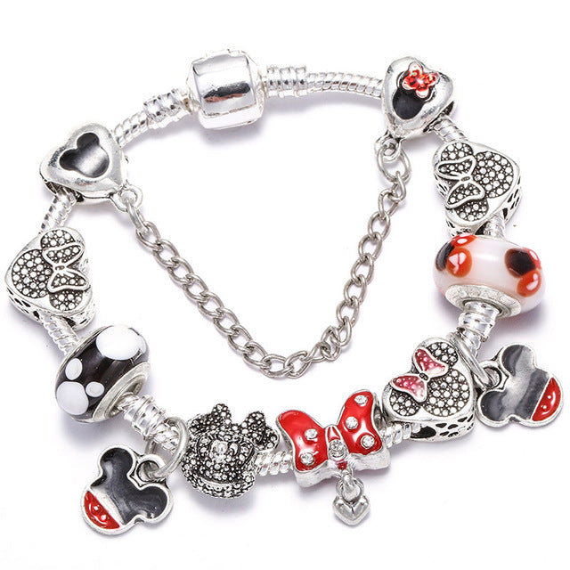 TOGORY Dropshipping Pink Lovely Mickey Pendant Beads Charm Bracelets For Women Cartoon Minnie Fine Bracelets Children Girls