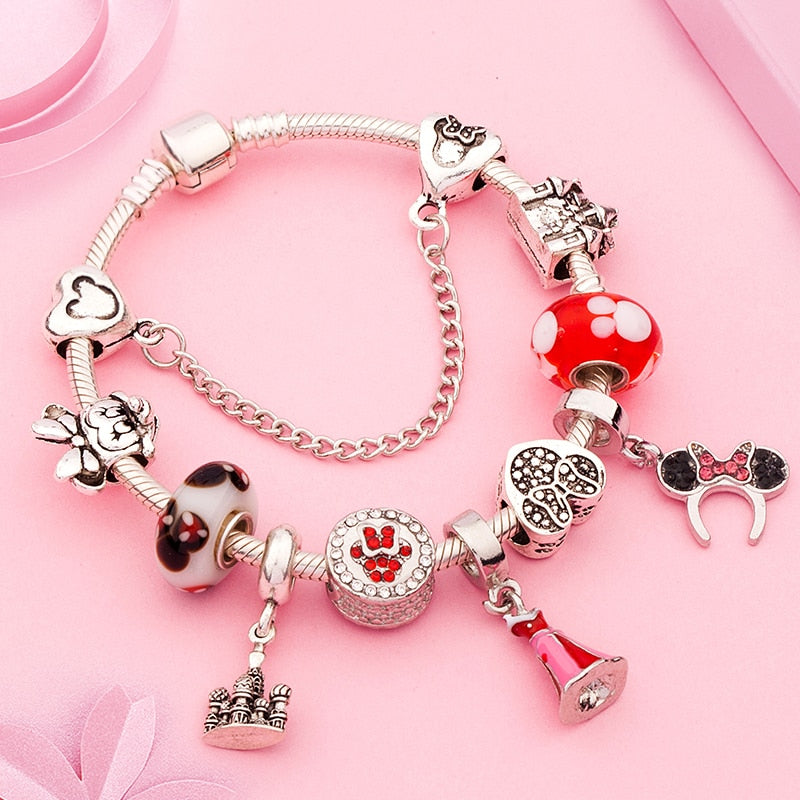Cute Red Enamel Princess Dress Minnie Bracelet Silver Castle Bead Bracelet Diy Murano Crystal Charm Bracelet Pulseras for Girl