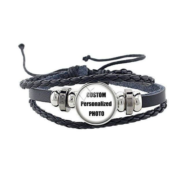 JOINBEAUTY Personalized Photo Multilayer Leather Bracelet Custom Handmade Round Glass Cabochon Girls&Boys Bangle NA01
