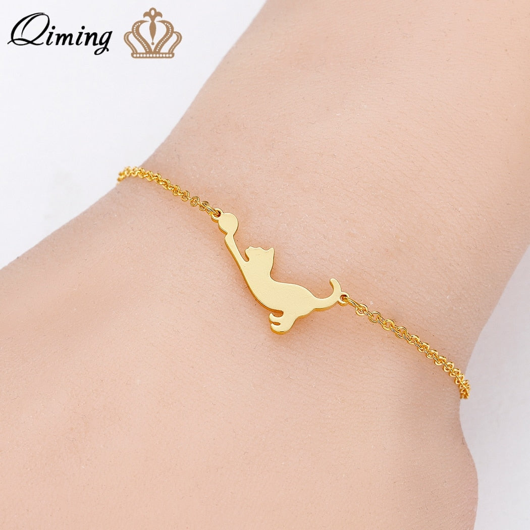QIMING Stainless Steel Cat Bracelet Girls Children Gift Kitty Cat Play With Ball Cute Animal Bangles Bracelets For Women Jewelry