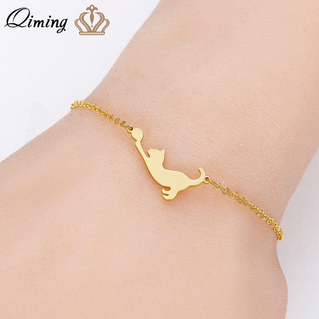 QIMING Stainless Steel Cat Bracelet Girls Children Gift Kitty Cat Play With Ball Cute Animal Bangles Bracelets For Women Jewelry