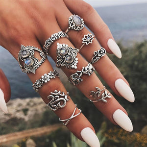 RAVIMOUR 15pcs/set Midi Kunckle Rings For Women Antique Geometric Lotus Boho Ring Set Bohemian Indian Jewelry Drop Shipping 2018