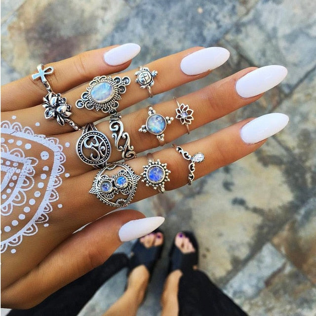 RAVIMOUR 15pcs/set Midi Kunckle Rings For Women Antique Geometric Lotus Boho Ring Set Bohemian Indian Jewelry Drop Shipping 2018