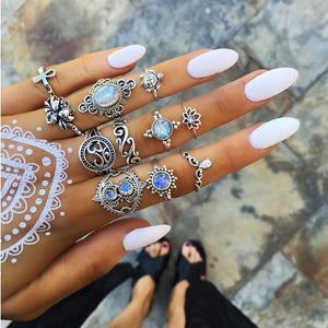 RAVIMOUR 15pcs/set Midi Kunckle Rings For Women Antique Geometric Lotus Boho Ring Set Bohemian Indian Jewelry Drop Shipping 2018