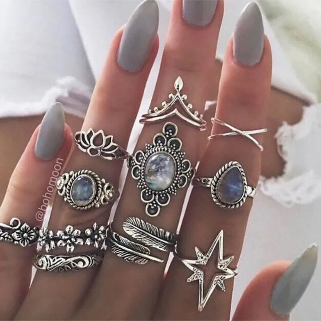 RAVIMOUR 15pcs/set Midi Kunckle Rings For Women Antique Geometric Lotus Boho Ring Set Bohemian Indian Jewelry Drop Shipping 2018