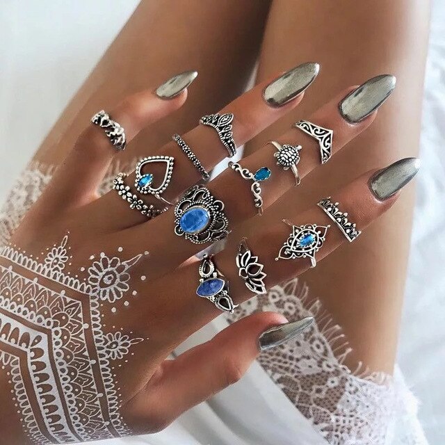 RAVIMOUR 15pcs/set Midi Kunckle Rings For Women Antique Geometric Lotus Boho Ring Set Bohemian Indian Jewelry Drop Shipping 2018