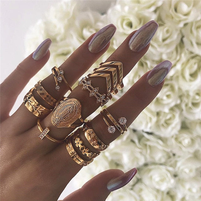RAVIMOUR 15pcs/set Midi Kunckle Rings For Women Antique Geometric Lotus Boho Ring Set Bohemian Indian Jewelry Drop Shipping 2018