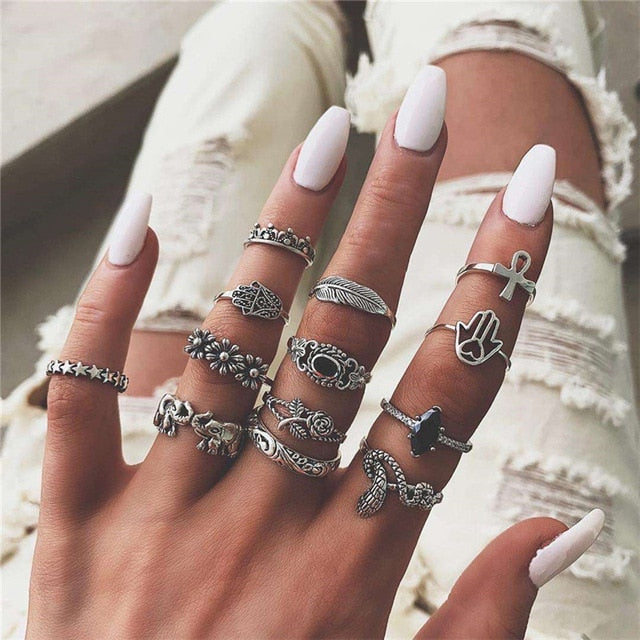 RAVIMOUR 15pcs/set Midi Kunckle Rings For Women Antique Geometric Lotus Boho Ring Set Bohemian Indian Jewelry Drop Shipping 2018