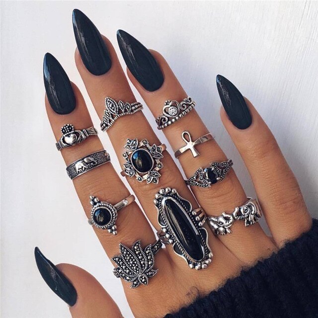 RAVIMOUR 15pcs/set Midi Kunckle Rings For Women Antique Geometric Lotus Boho Ring Set Bohemian Indian Jewelry Drop Shipping 2018