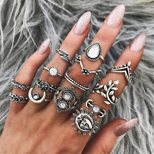 RAVIMOUR 15pcs/set Midi Kunckle Rings For Women Antique Geometric Lotus Boho Ring Set Bohemian Indian Jewelry Drop Shipping 2018