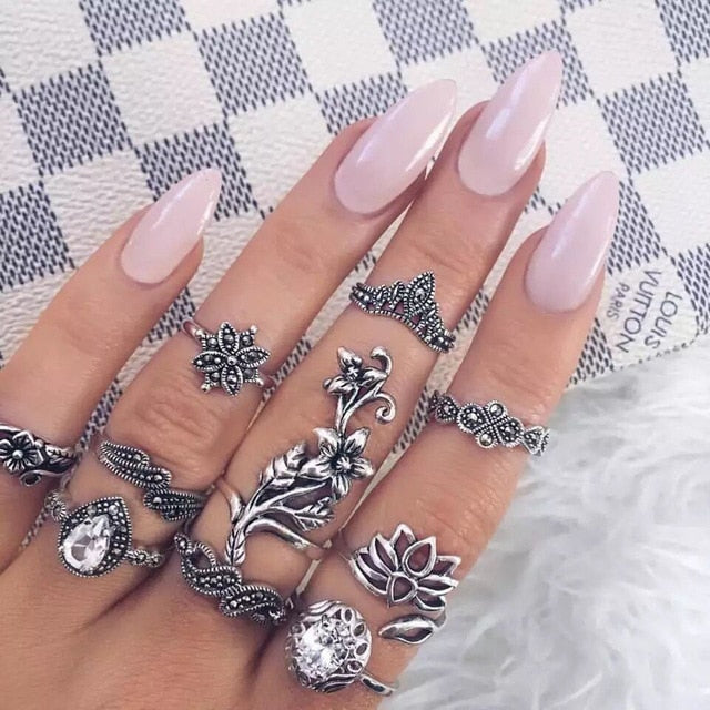 RAVIMOUR 15pcs/set Midi Kunckle Rings For Women Antique Geometric Lotus Boho Ring Set Bohemian Indian Jewelry Drop Shipping 2018
