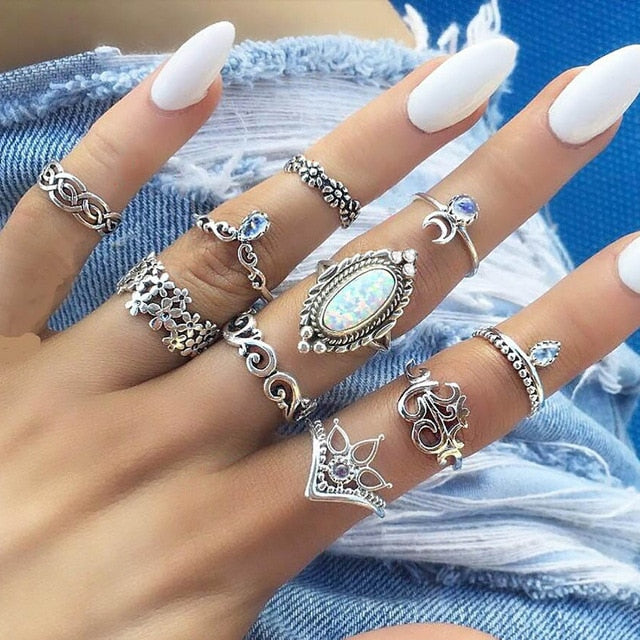 RAVIMOUR 15pcs/set Midi Kunckle Rings For Women Antique Geometric Lotus Boho Ring Set Bohemian Indian Jewelry Drop Shipping 2018