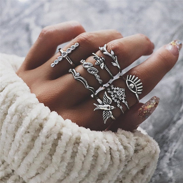 RAVIMOUR 15pcs/set Midi Kunckle Rings For Women Antique Geometric Lotus Boho Ring Set Bohemian Indian Jewelry Drop Shipping 2018