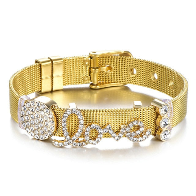 High Quality Stainless Steel Mesh Bracelet Set Love Mother Crystal Charm Brand Bracelet for Woman Wife Mother's Day gift