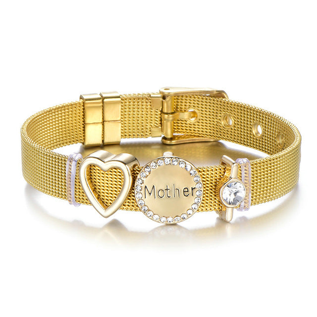 High Quality Stainless Steel Mesh Bracelet Set Love Mother Crystal Charm Brand Bracelet for Woman Wife Mother's Day gift