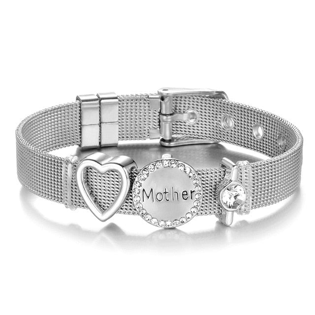 High Quality Stainless Steel Mesh Bracelet Set Love Mother Crystal Charm Brand Bracelet for Woman Wife Mother's Day gift