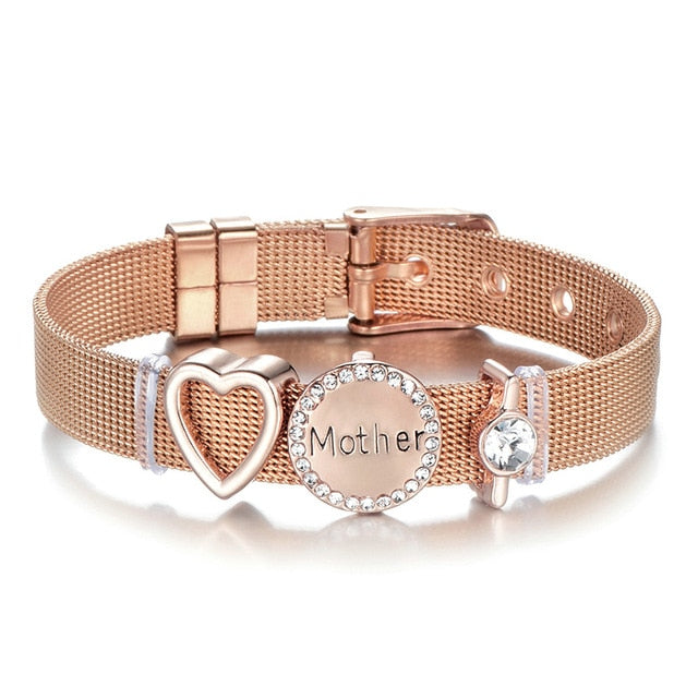 High Quality Stainless Steel Mesh Bracelet Set Love Mother Crystal Charm Brand Bracelet for Woman Wife Mother's Day gift