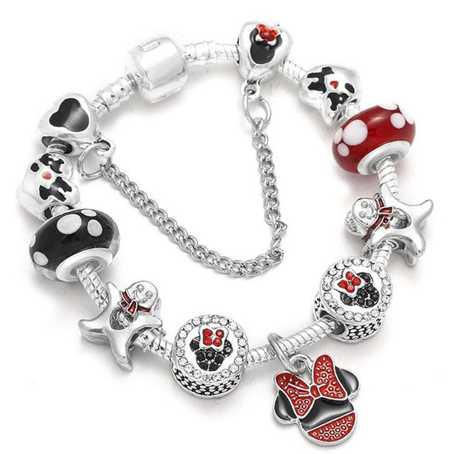 Sonykifa Handmade Mickey & Minnie Murano Glass Beads Charm Bracelet Women Fit Snake Chain  Bracelet For Children Jewelry