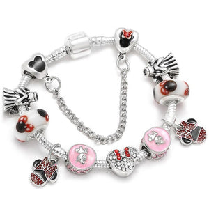 Sonykifa Handmade Mickey & Minnie Murano Glass Beads Charm Bracelet Women Fit Snake Chain  Bracelet For Children Jewelry