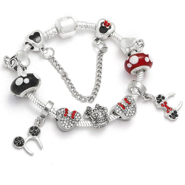 Sonykifa Handmade Mickey & Minnie Murano Glass Beads Charm Bracelet Women Fit Snake Chain  Bracelet For Children Jewelry