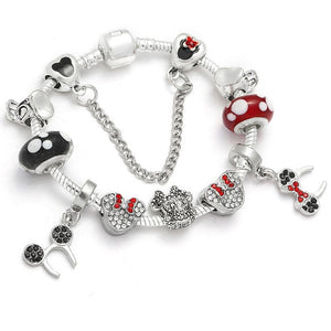 Sonykifa Handmade Mickey & Minnie Murano Glass Beads Charm Bracelet Women Fit Snake Chain  Bracelet For Children Jewelry