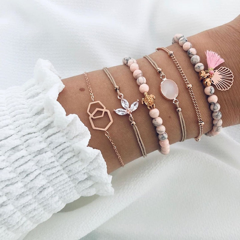 Modyle 6 Pcs/Set Bohemian Tassel Beads Charm Bracelets Set For Women Girls Fashion Pineapple Heart Geometric Bracelet Jewelry