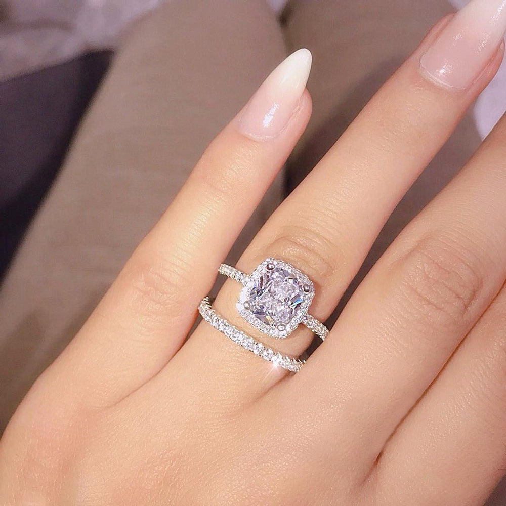 2 Pcs Luxury Crystal Rings Set For Women Fashion Sliver Square Cubic Zirconia Wedding Engagement Rings Ladies Romantic Jewelry