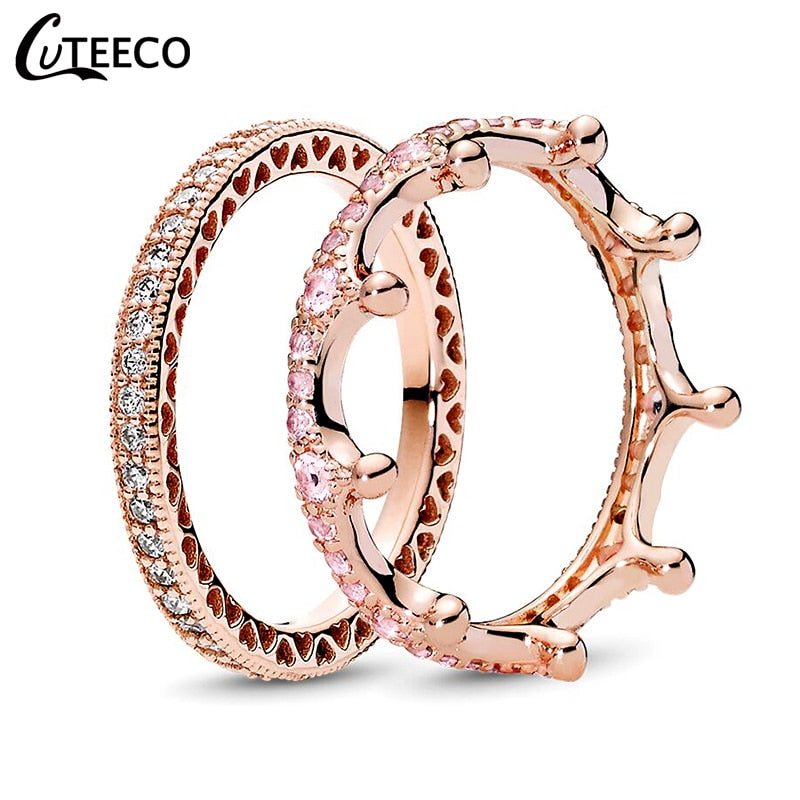 CUTEECO Fashion Rose Gold Magic Love Crown Zircon Combination Rings for Women Wedding Ring Engagement Jewelry Valentine's Day