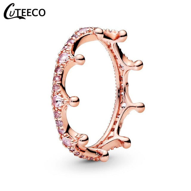 CUTEECO Fashion Rose Gold Magic Love Crown Zircon Combination Rings for Women Wedding Ring Engagement Jewelry Valentine's Day