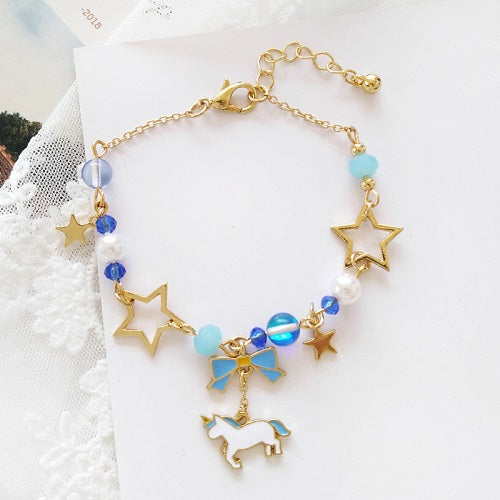 New sweet cartoon anime unicorn bracelet girl temperament star pearl string pendant beaded jewelry