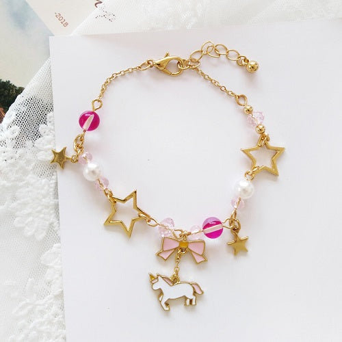 New sweet cartoon anime unicorn bracelet girl temperament star pearl string pendant beaded jewelry