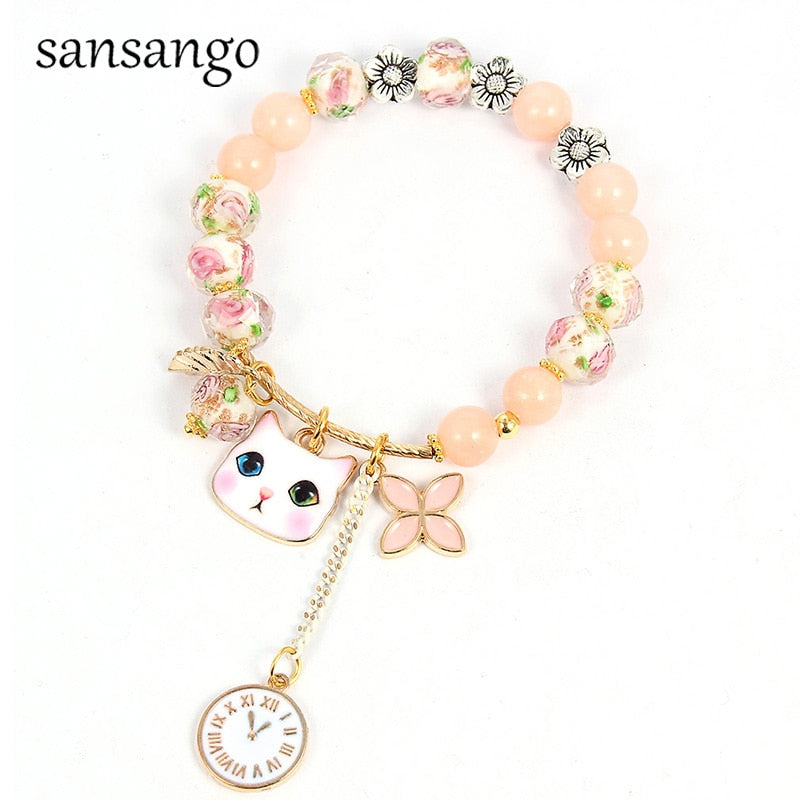 Fashion Bracelet For Women Gift Cute Kitten Pendant Charm Bracelet Natural stone Beaded Bangle Girls Children Jewelry Gift